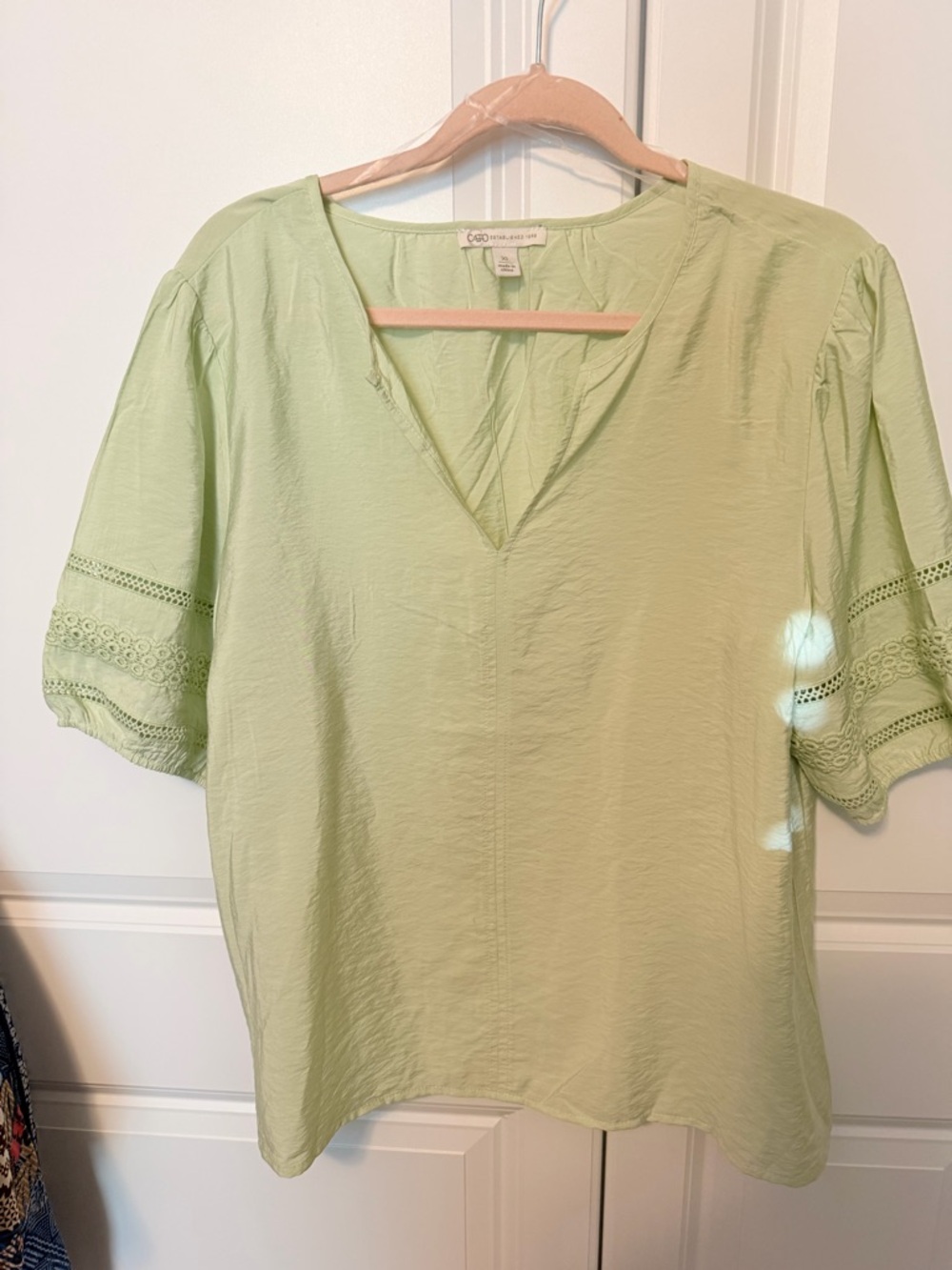 Cato Light Green V-Neck Eyelet Sleeve Blouse